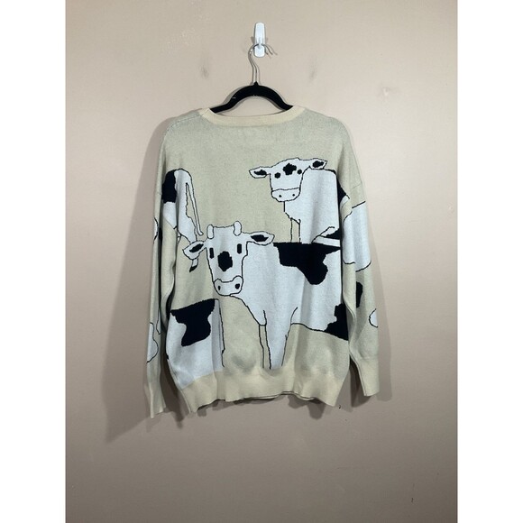 Simplee Womens Cow Print Crew Neck Sweater XL Beige Long Sleeve Soft Farm Animal - Picture 3 of 6